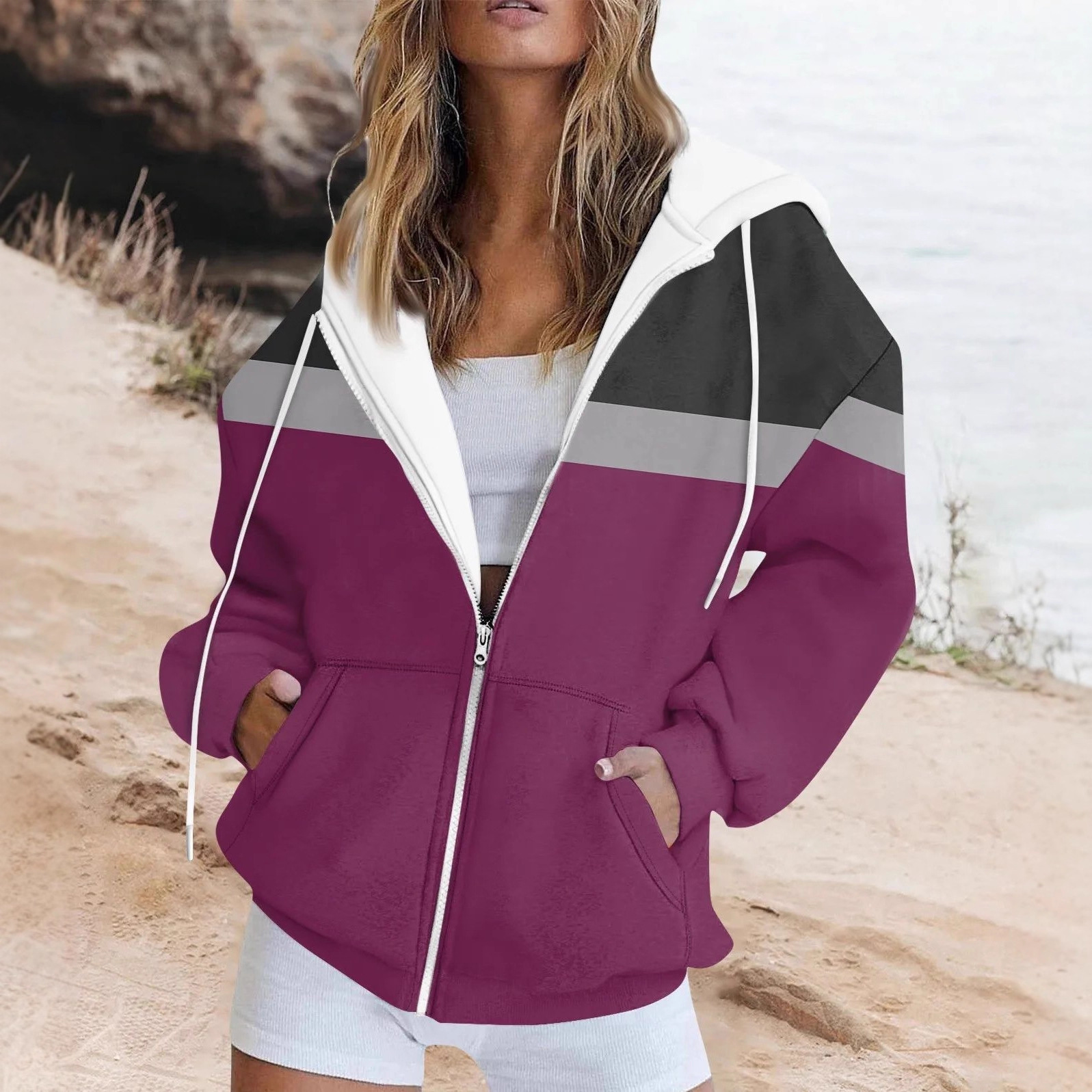 Women's Colorblock Print Zip-Up Sweatshirt