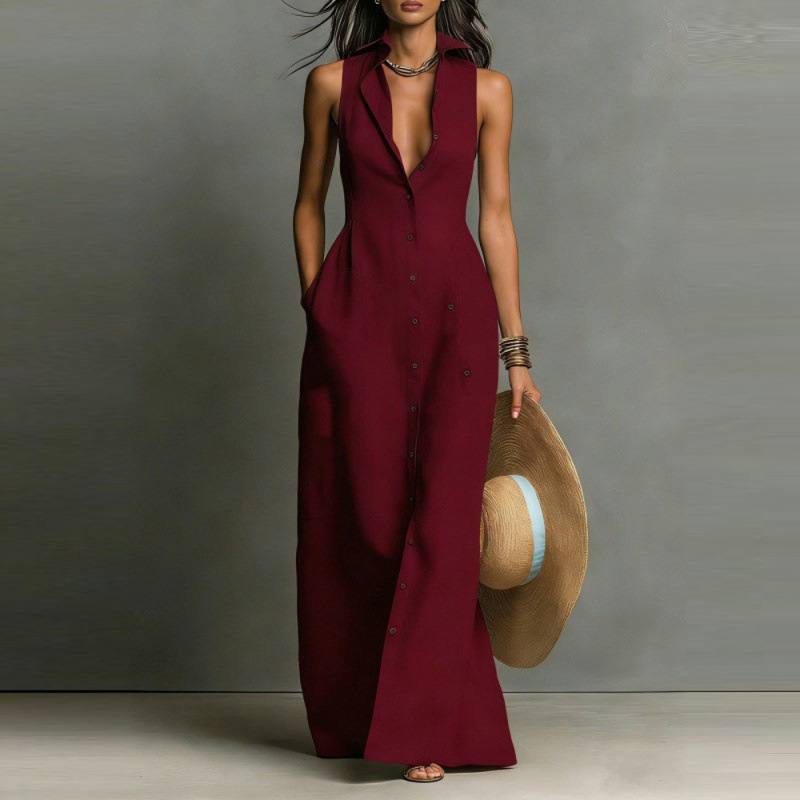 Sleeveless Button-Front Shirt Dress with Collar