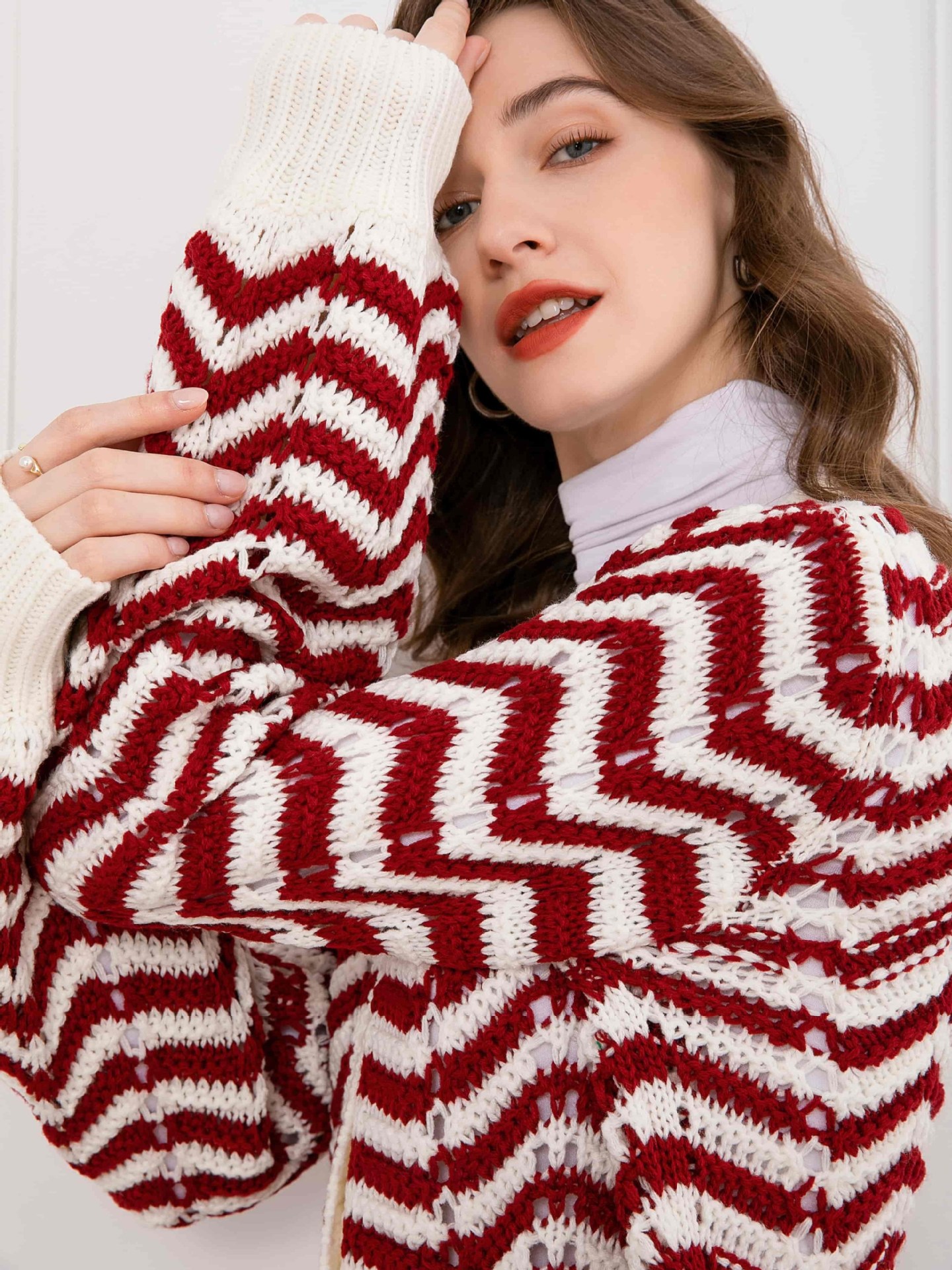 Retro Striped Knit Cardigan V-Neck Button Short Long-Sleeve Hollow-Out Sweater