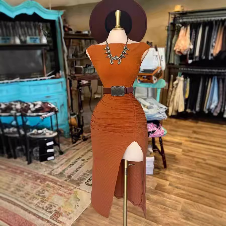 Women's Ribbed Knit Off-Shoulder Bodycon Midi Dress