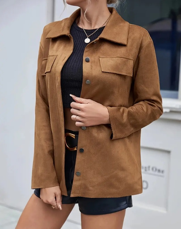 Women's Faux Suede Button-Front Collared Jacket Casual Light Brown