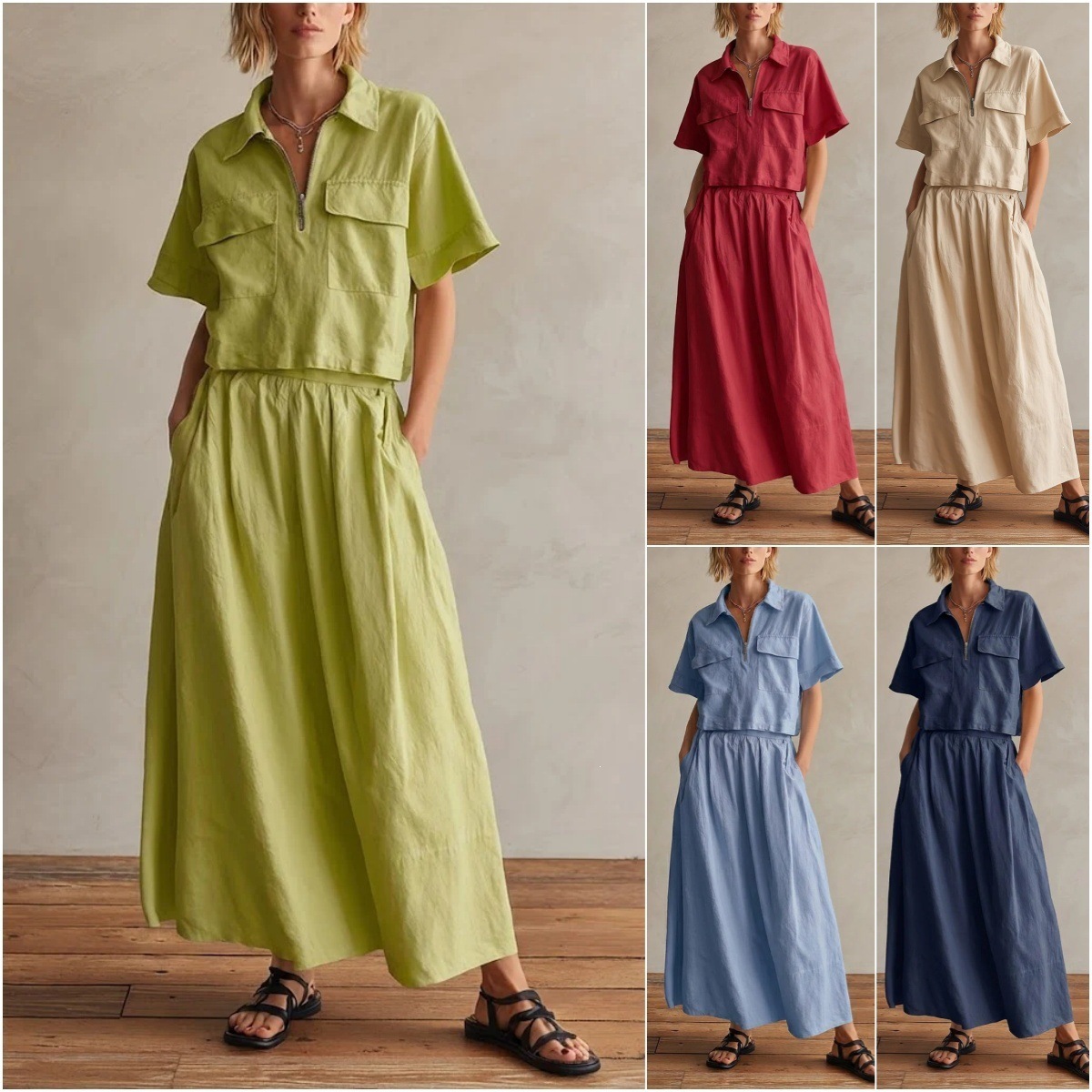 Women's Casual Solid Color Collared Short Sleeve Shirt and Long Skirt Set