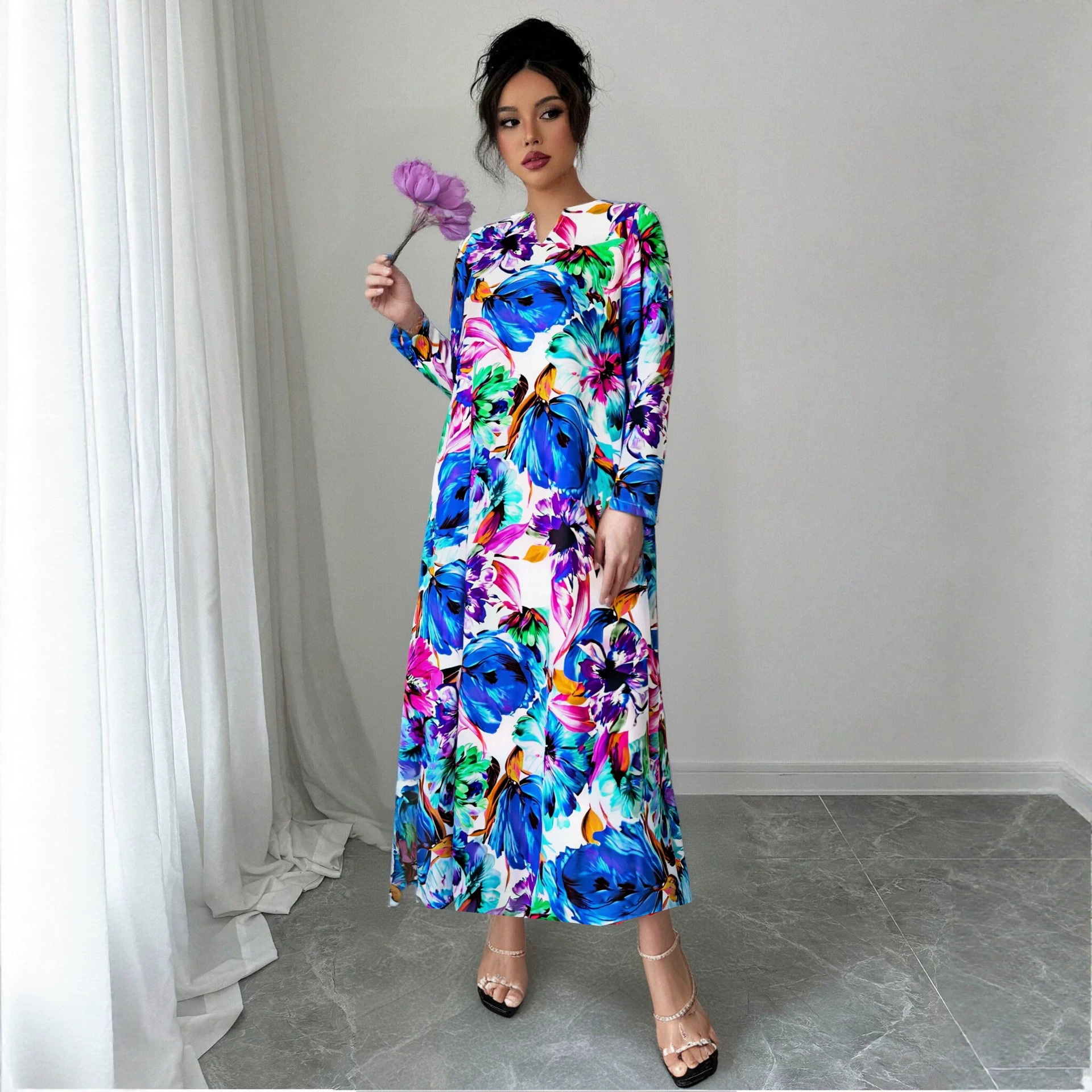 High-Saturation Colorblock Print Long Dress Loose Flattering A-Line V-Neck