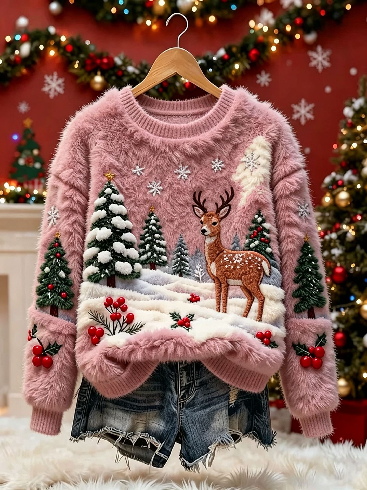 Christmas Reindeer Print Long-Sleeve Pullover Fleece Sweatshirt