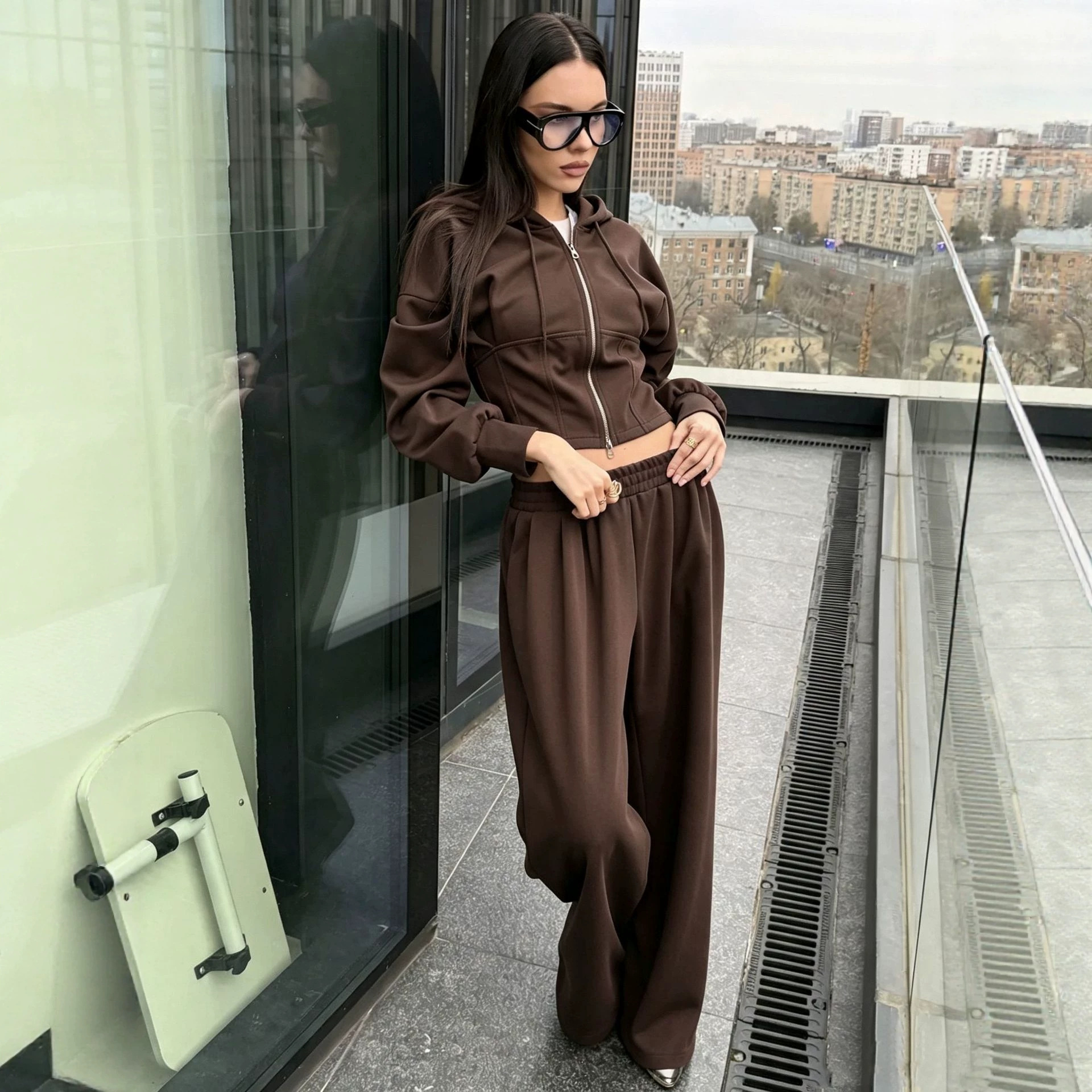 Women's Solid Zip-Up Hoodie and Wide-Leg Pants Two-Piece Set