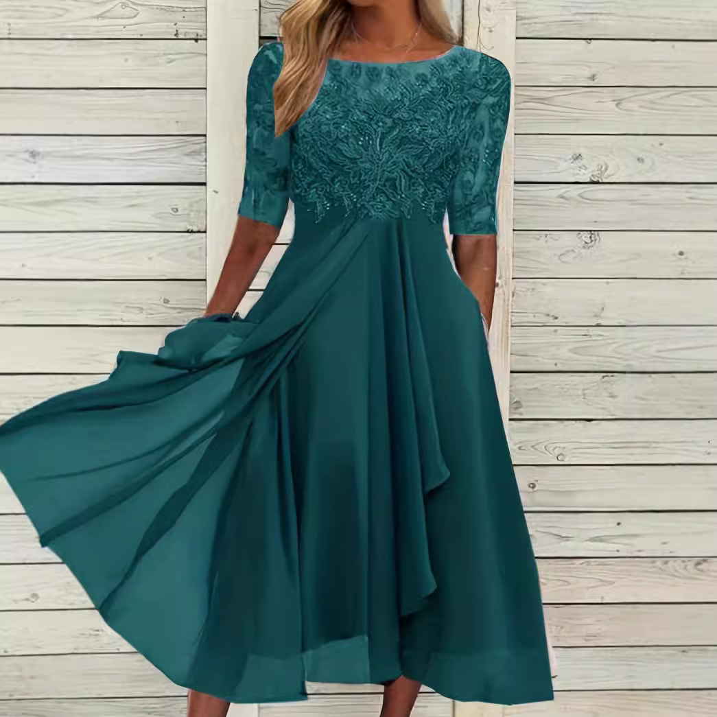 Women's Chiffon Lace Hollow-Out Long Dress Bridesmaid Evening Gown