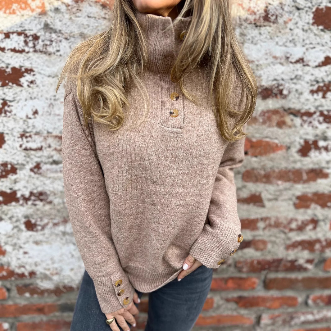 Women's Stand Collar Button Knit Sweater Solid Color Loose Fit