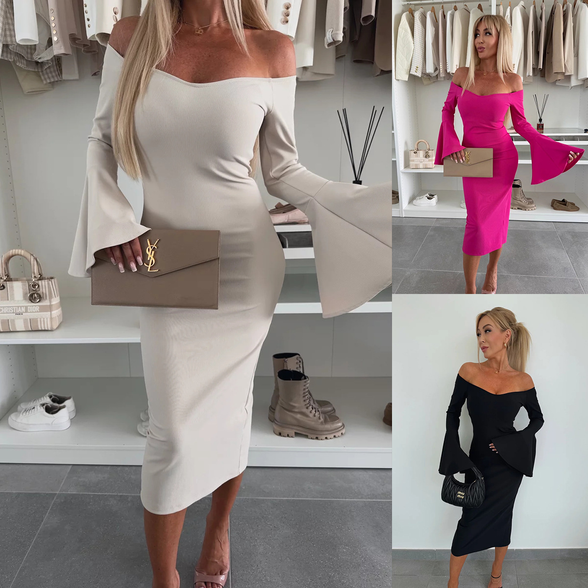 Women's Solid One-Shoulder Flare-Sleeve Bodycon Midi Dress