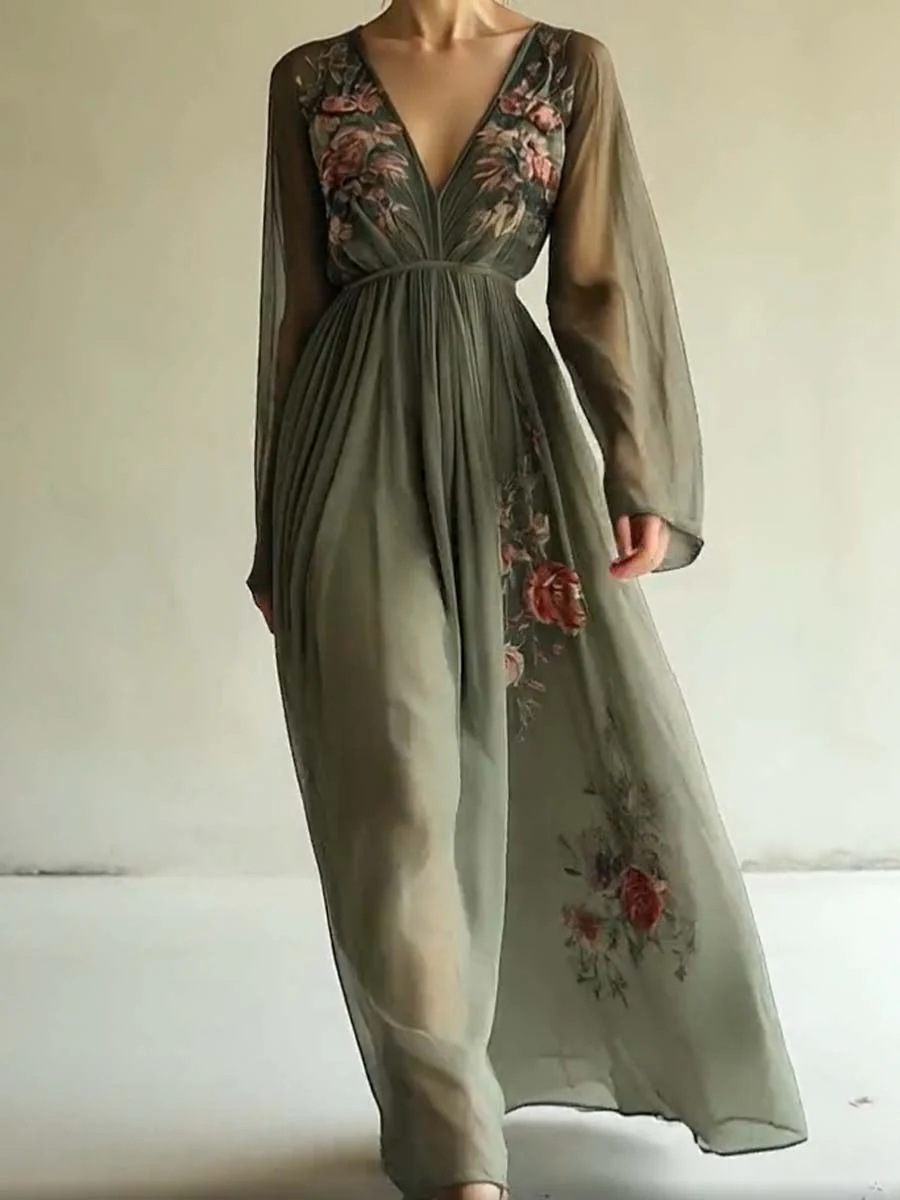 Women's Digital Print Long Sleeve V-Neck A-Line Maxi Dress