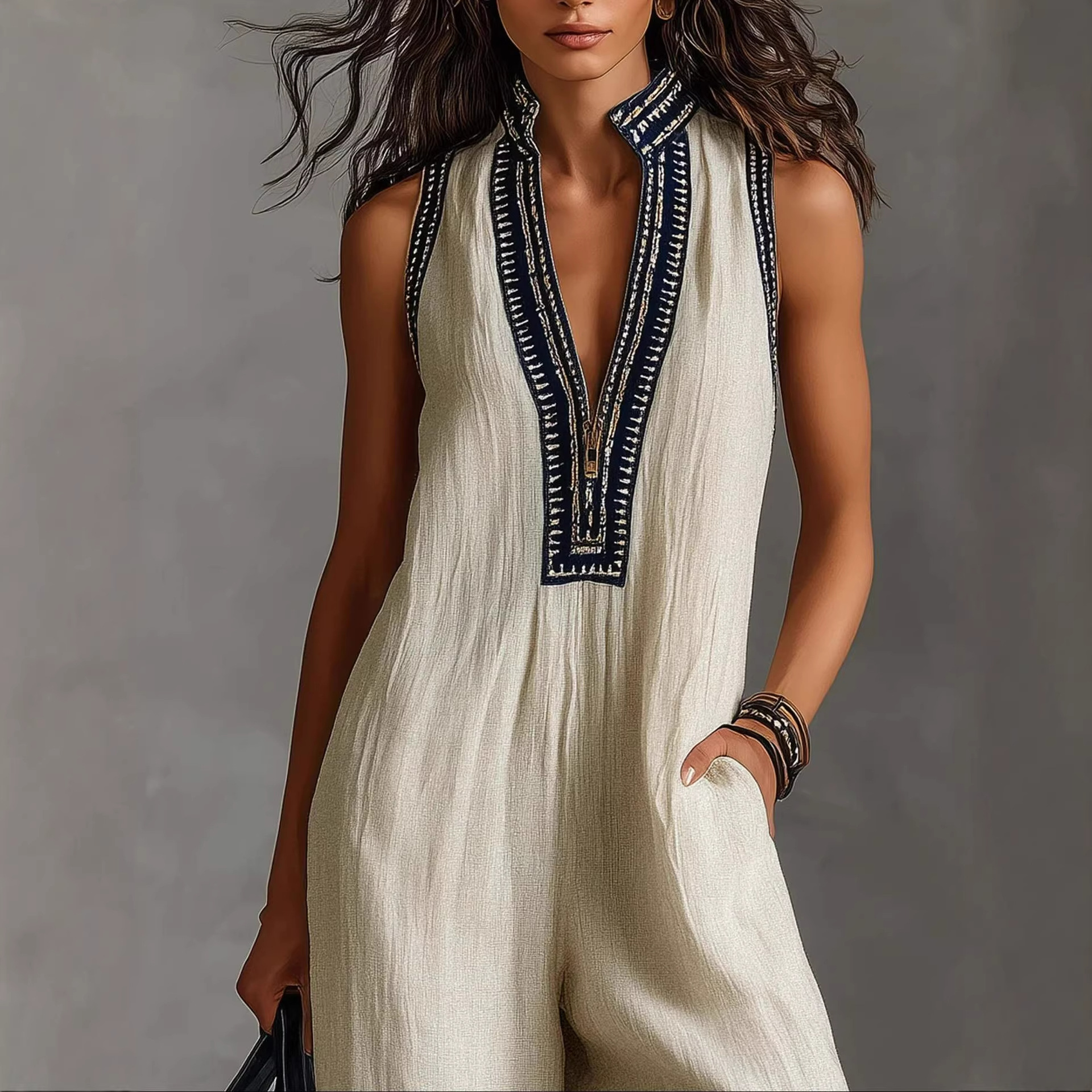 Women's Sleeveless Linen-Blend Jumpsuit with Zip Stand Collar and Embroidery