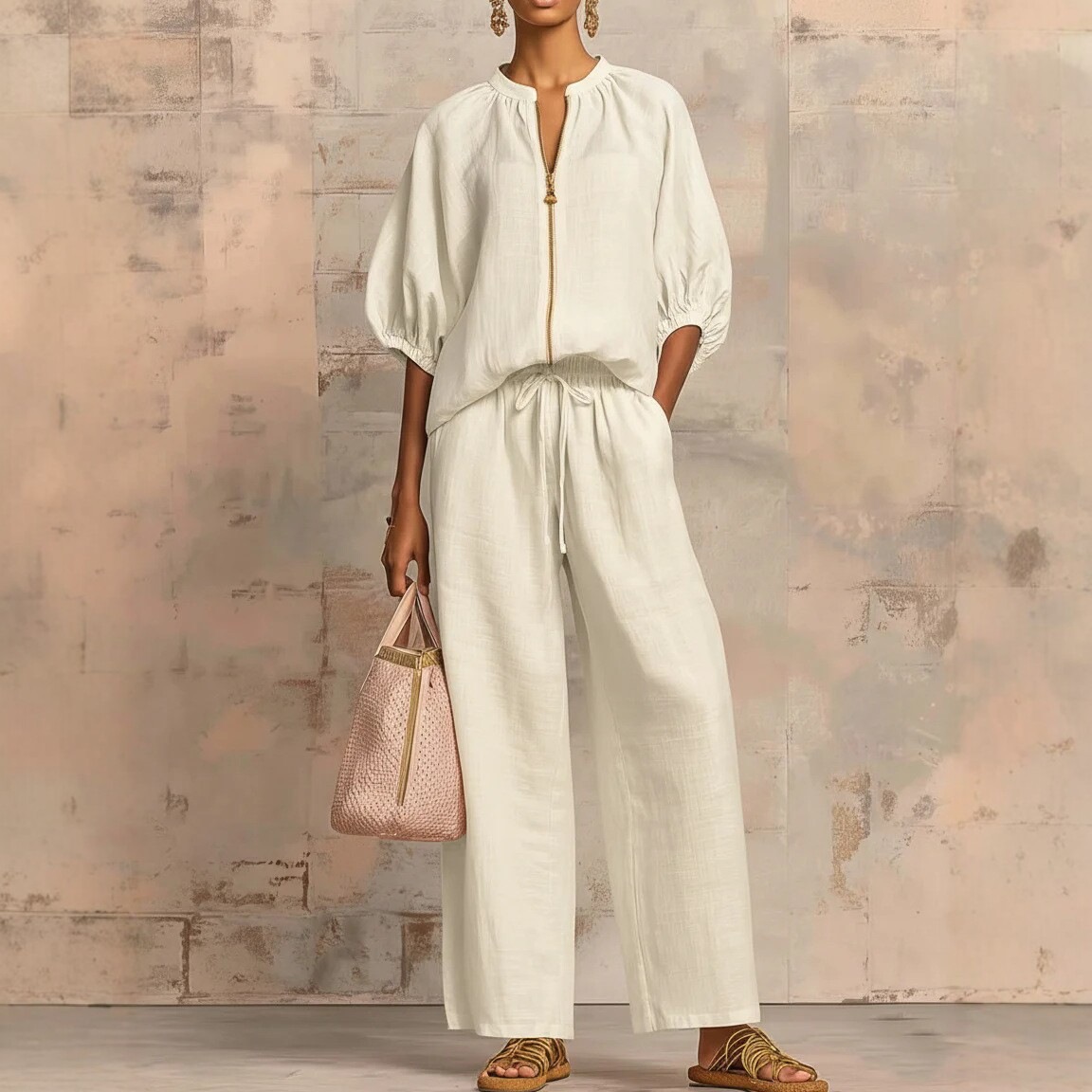 Women's Casual Solid Color Zip-Up Wide-Leg Pants Set