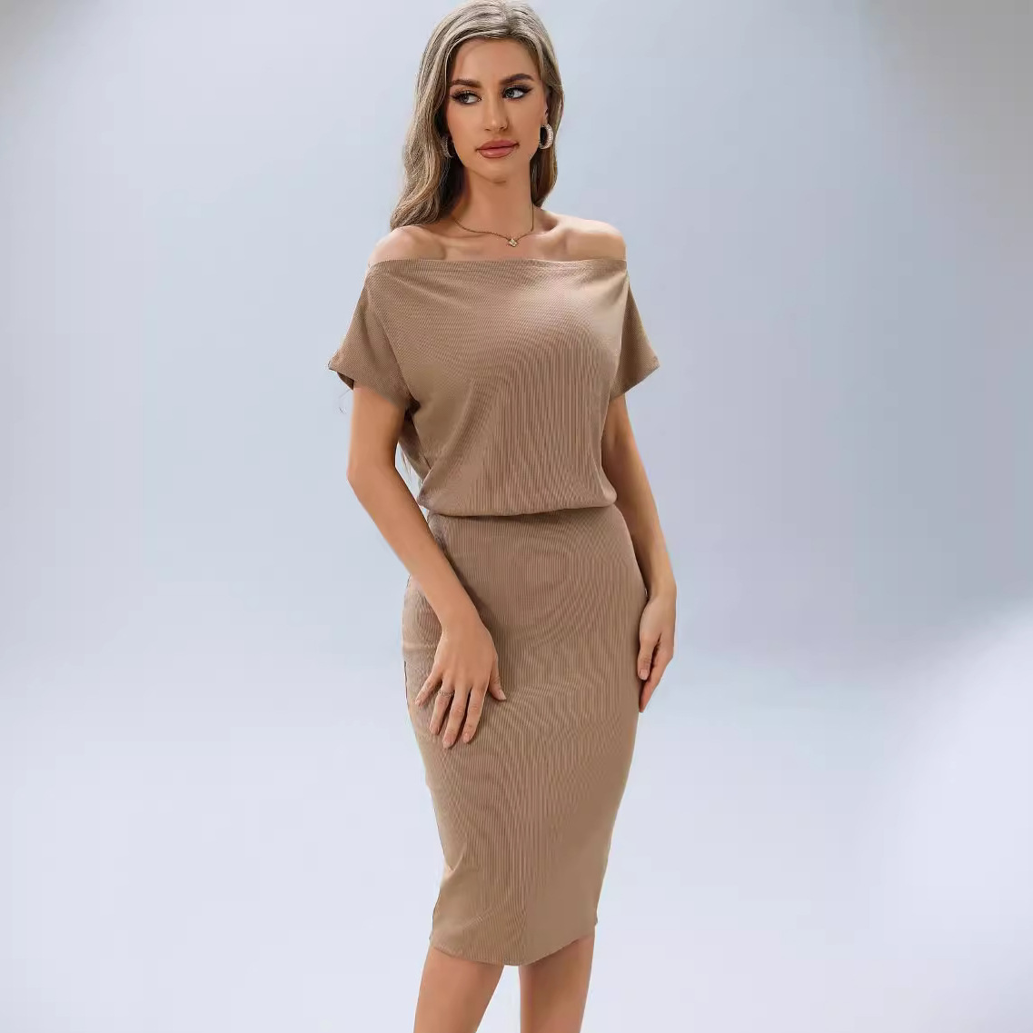 Solid Ribbed One-Shoulder Bodycon Midi Dress