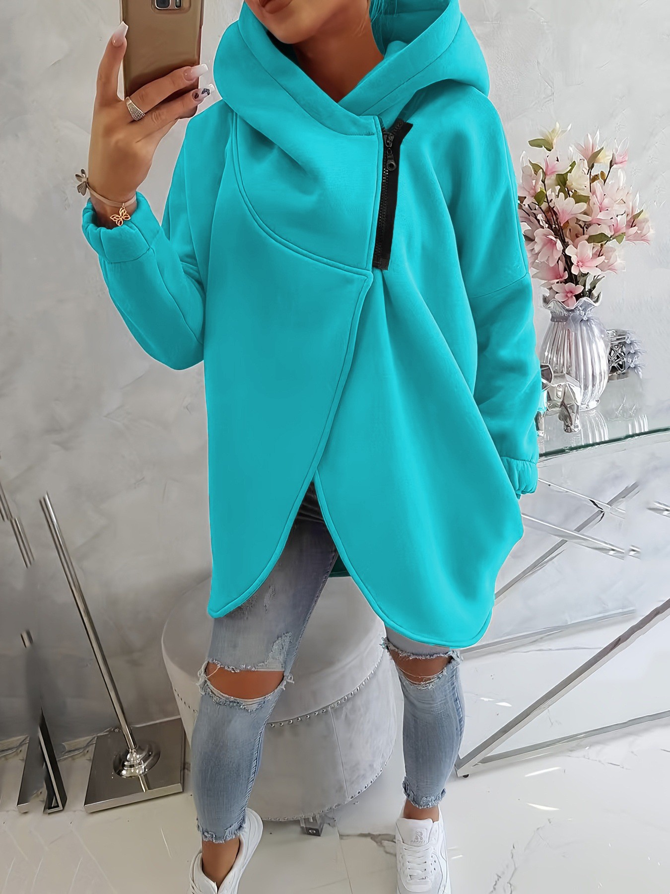 Women's Long-Sleeve Black Hooded Zip-Up Jacket with Front Pockets