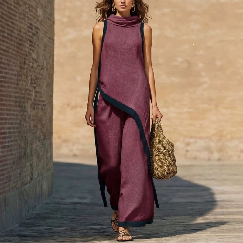 2026 New Cross-Border Summer Cotton-Linen Two-Piece Set Women's Sleeveless Asymmetrical Top Loose Wide-Leg Pants Set