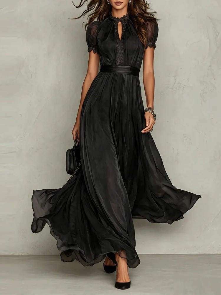 Purple High-Neck Lace Panel Flowy Chiffon Long Dress