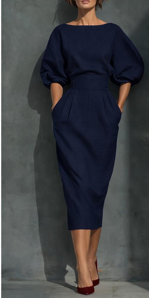 Plus Size Cotton-Blend Midi Dress with Round Neck and Puff Sleeves