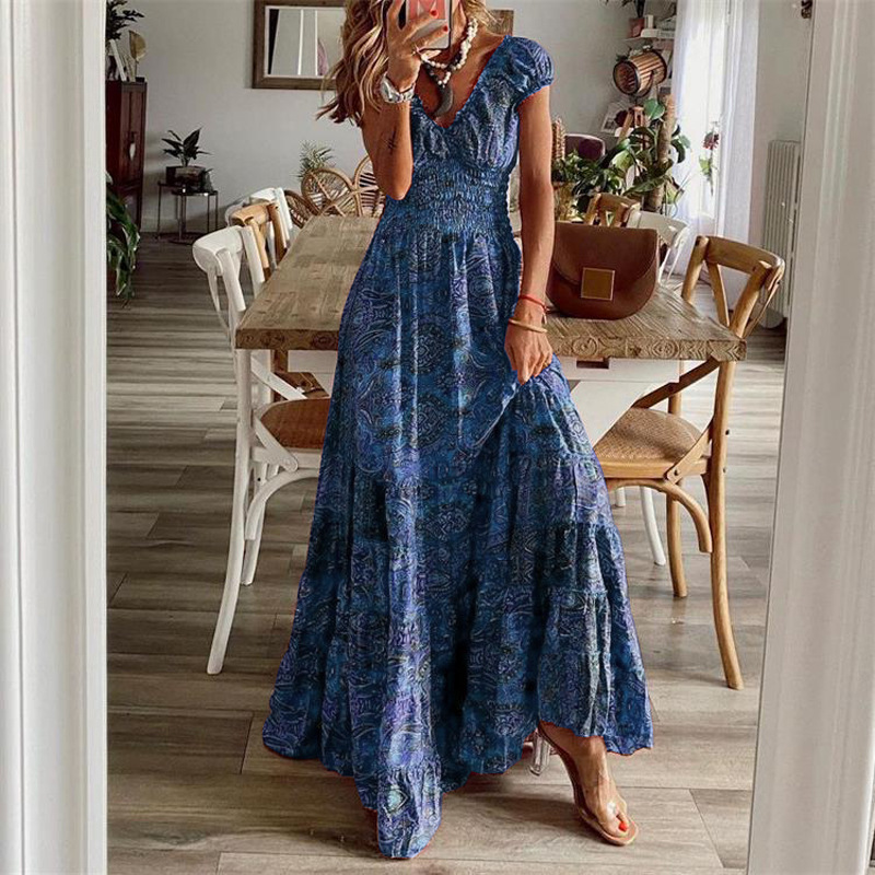 Bohemian V-Neck Floral Print High-Waist Maxi Dress