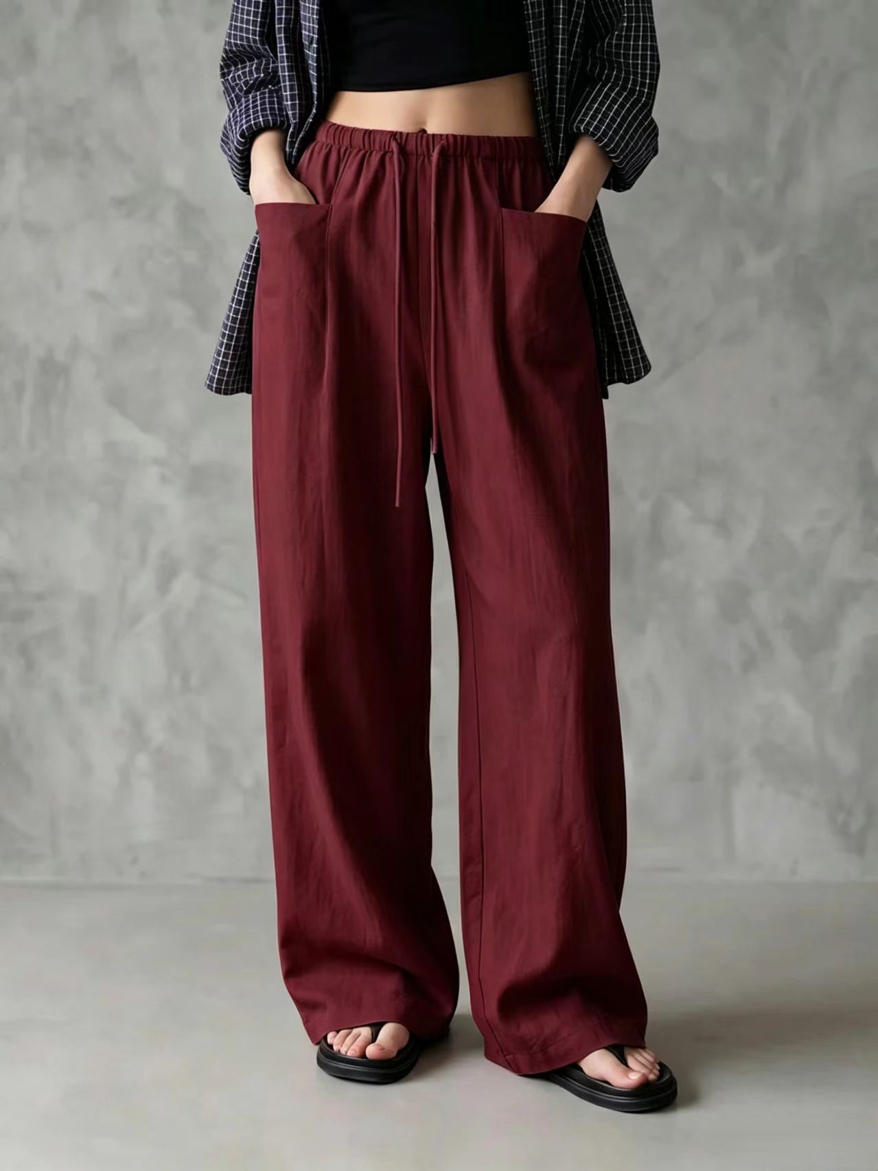 Women's Solid Color Wide-Leg High-Waist Drawstring Casual Pants