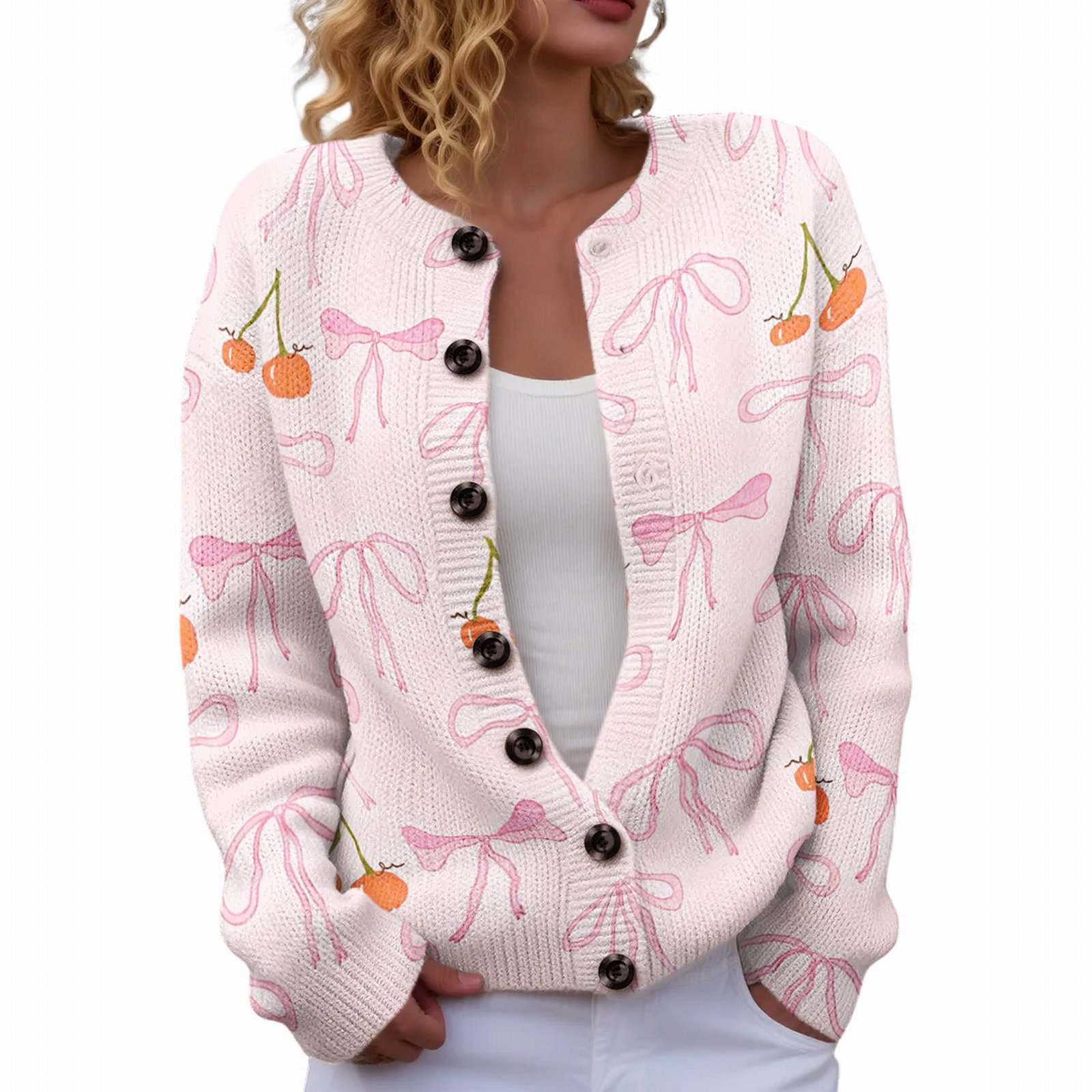 Women's Heart Ribbon Bow Cherry Print Cardigan