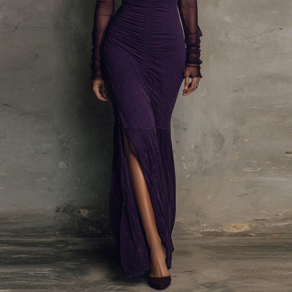 Women's Long Sleeve Solid Color Patchwork High Slit Midi Dress