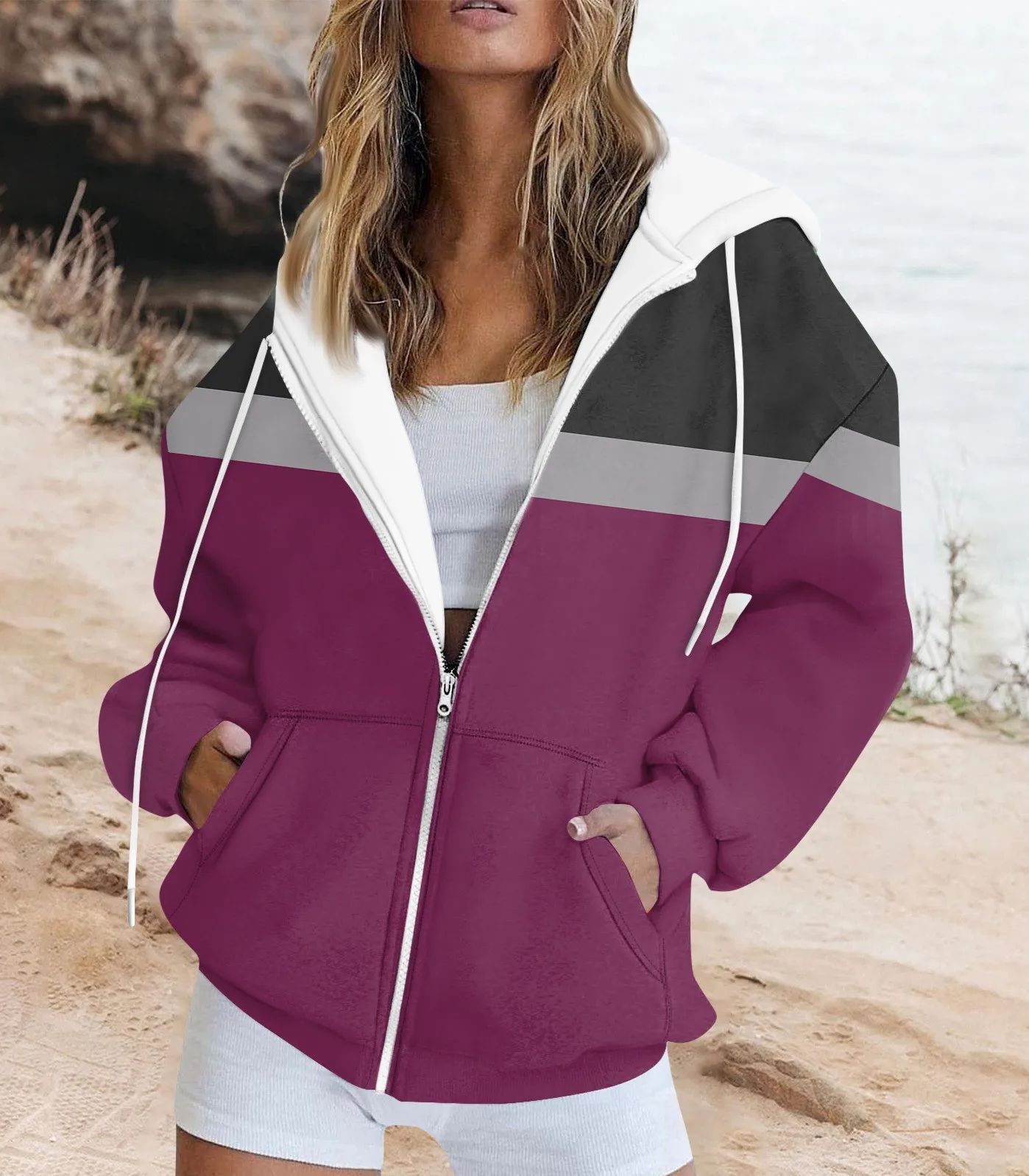 Women's Colorblock Print Zip-Up Sweatshirt