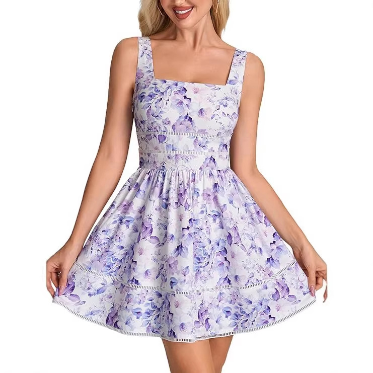 Women's Floral Square Neck Lace A-Line Mini Dress Sleeveless
