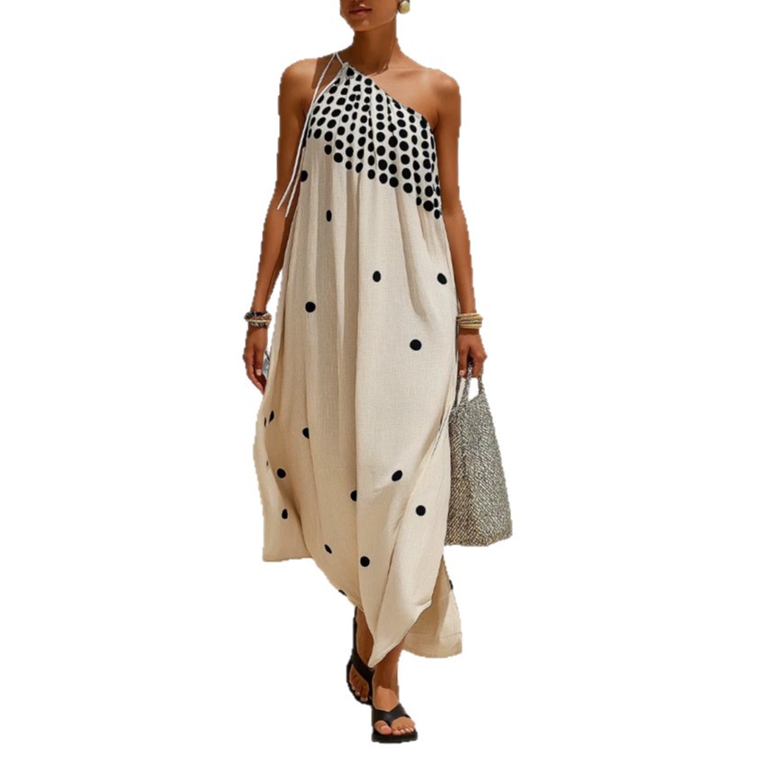 Women's Polka Dot One-Shoulder Tie Long Dress