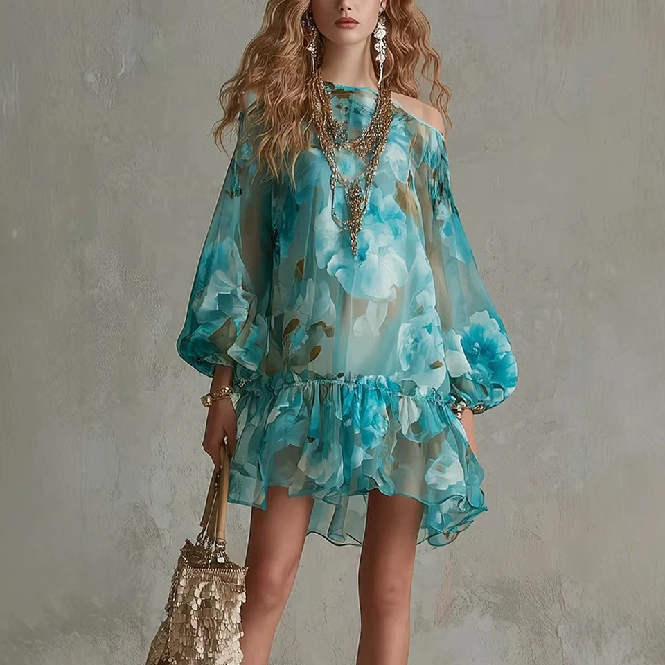 Lake Blue Ink Floral Off-Shoulder Puff Sleeve Ruched Ruffle Vacation Mini Dress