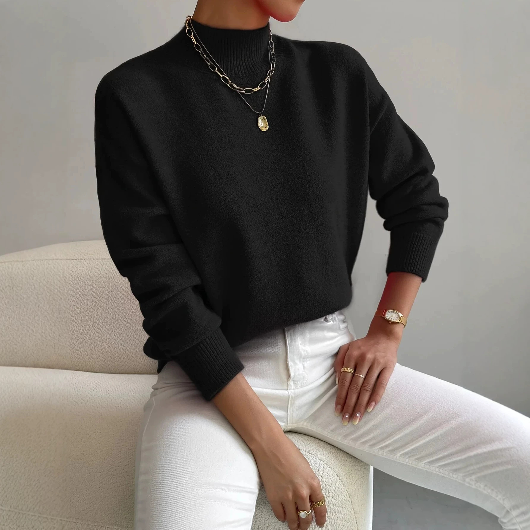 Women's Half Turtleneck Long Sleeve Pullover Sweater Solid Color Loose Knit Top