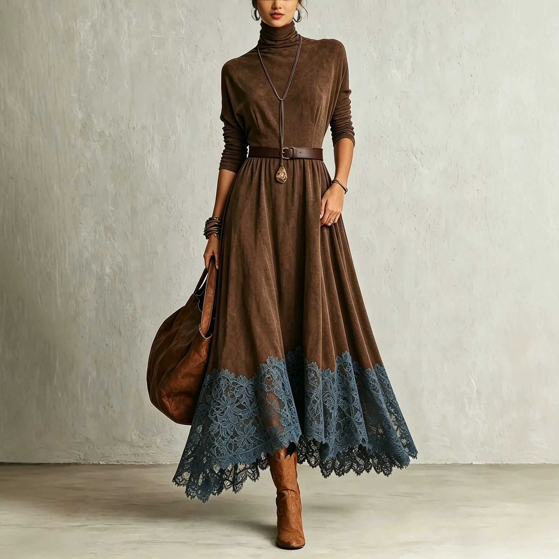 Elegant Color-Block Long Dress with Stand Collar for Fall Winter Commute
