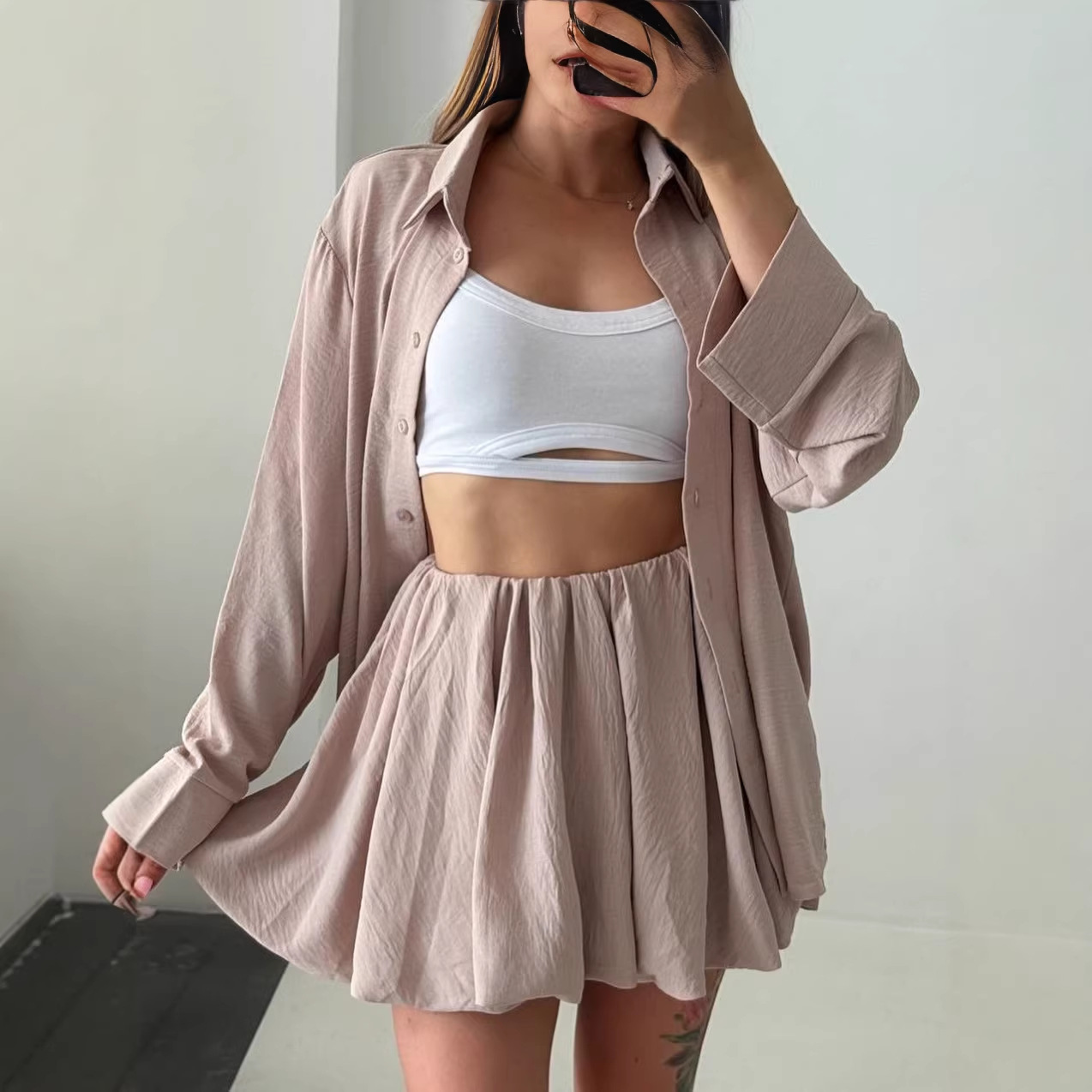 Women's Long Sleeve Ruffle Shirt and Shorts Casual Set