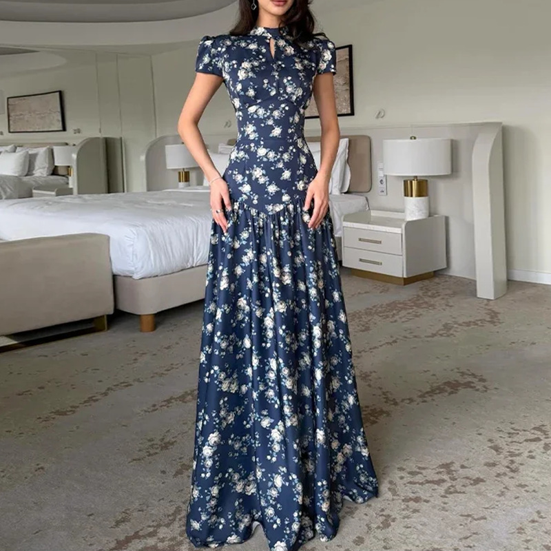 Floral Print Patchwork Slim-Fit Long Dress