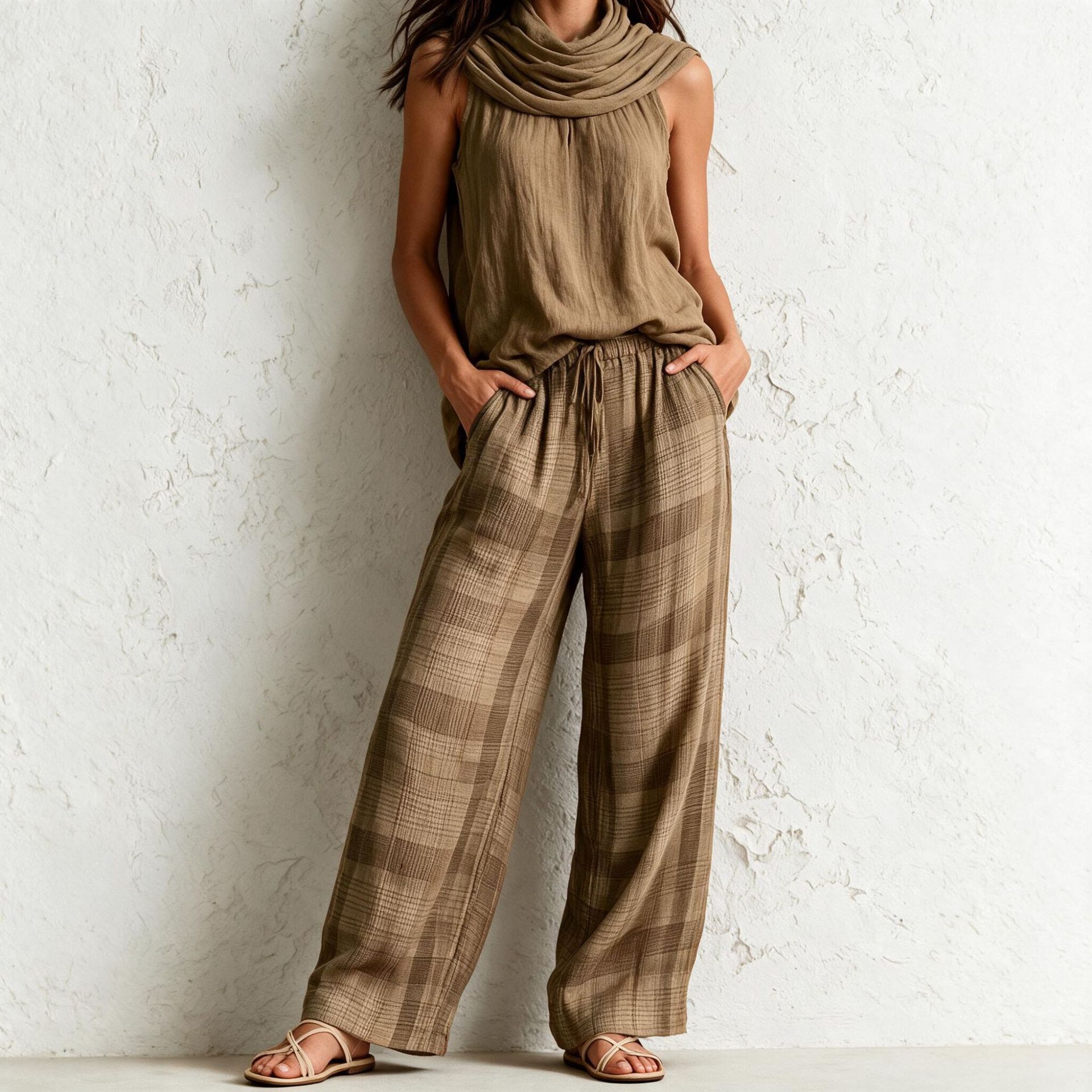 Women's Retro Sleeveless Top and Plaid Pants Set
