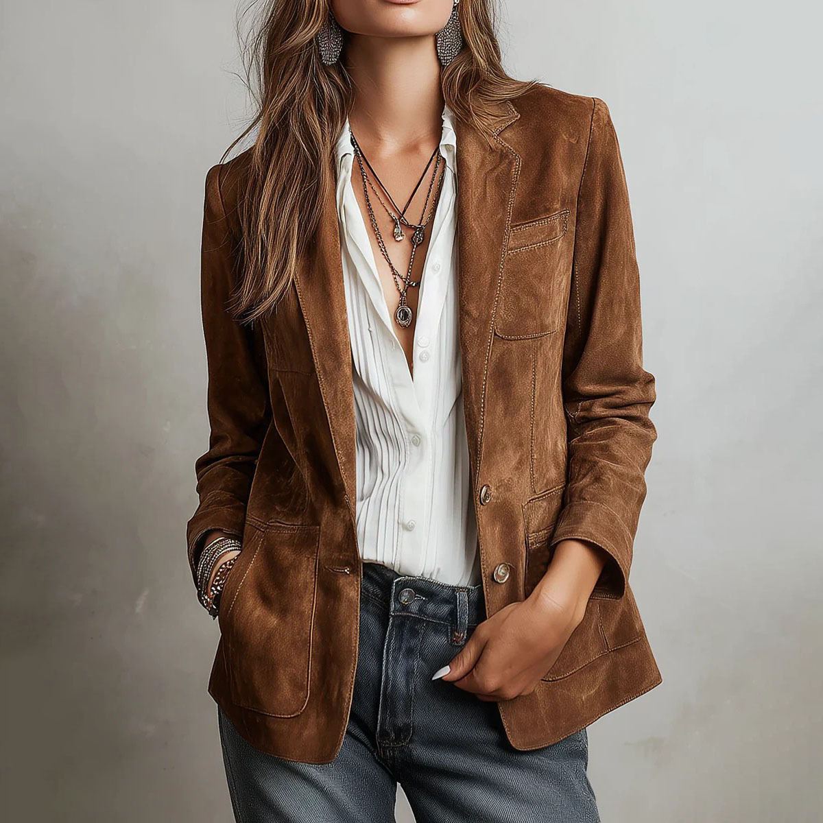 Women's Blazer-Style Jacket with Suit Collar, Commuter Fit, Polyester, Mid-Length