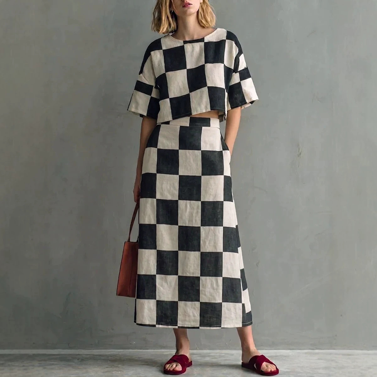 Striped Floral Print Faux Linen Wide-Leg Two-Piece Set