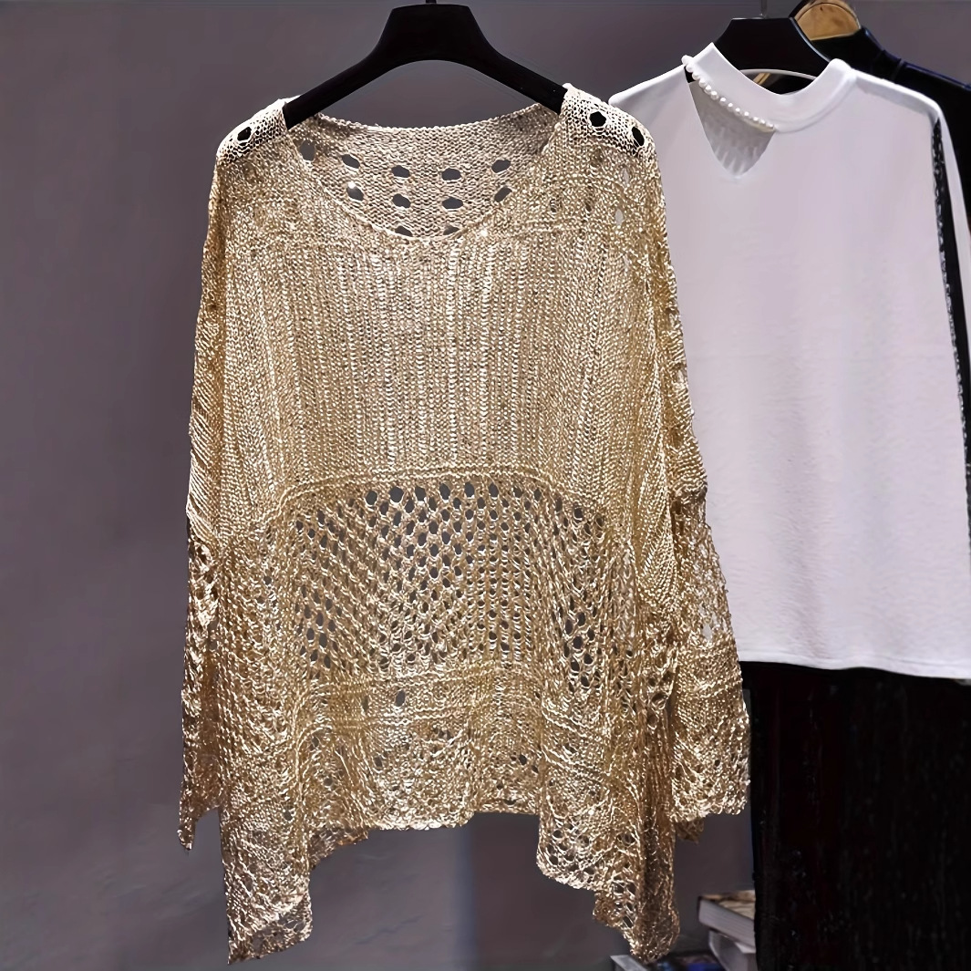 Women's Plus Size Hollow-Out Pointelle Knit Sweater