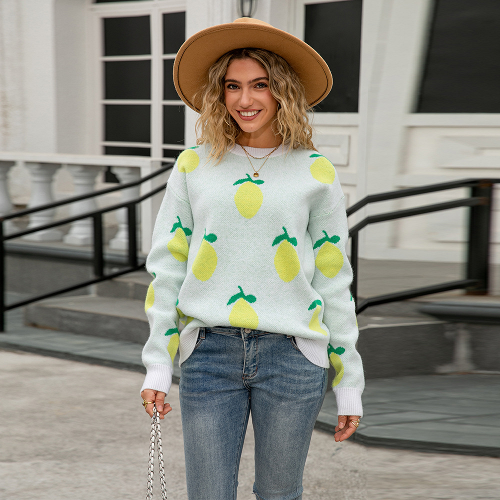 Lemon Jacquard Knit Sweater Women's Loose Crewneck Pullover