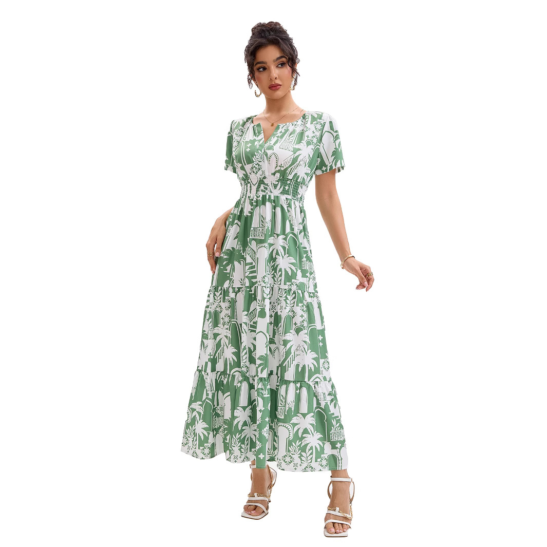 Floral Geometric Print V-Neck Bubble Sleeve Cinched Waist Layered Dress
