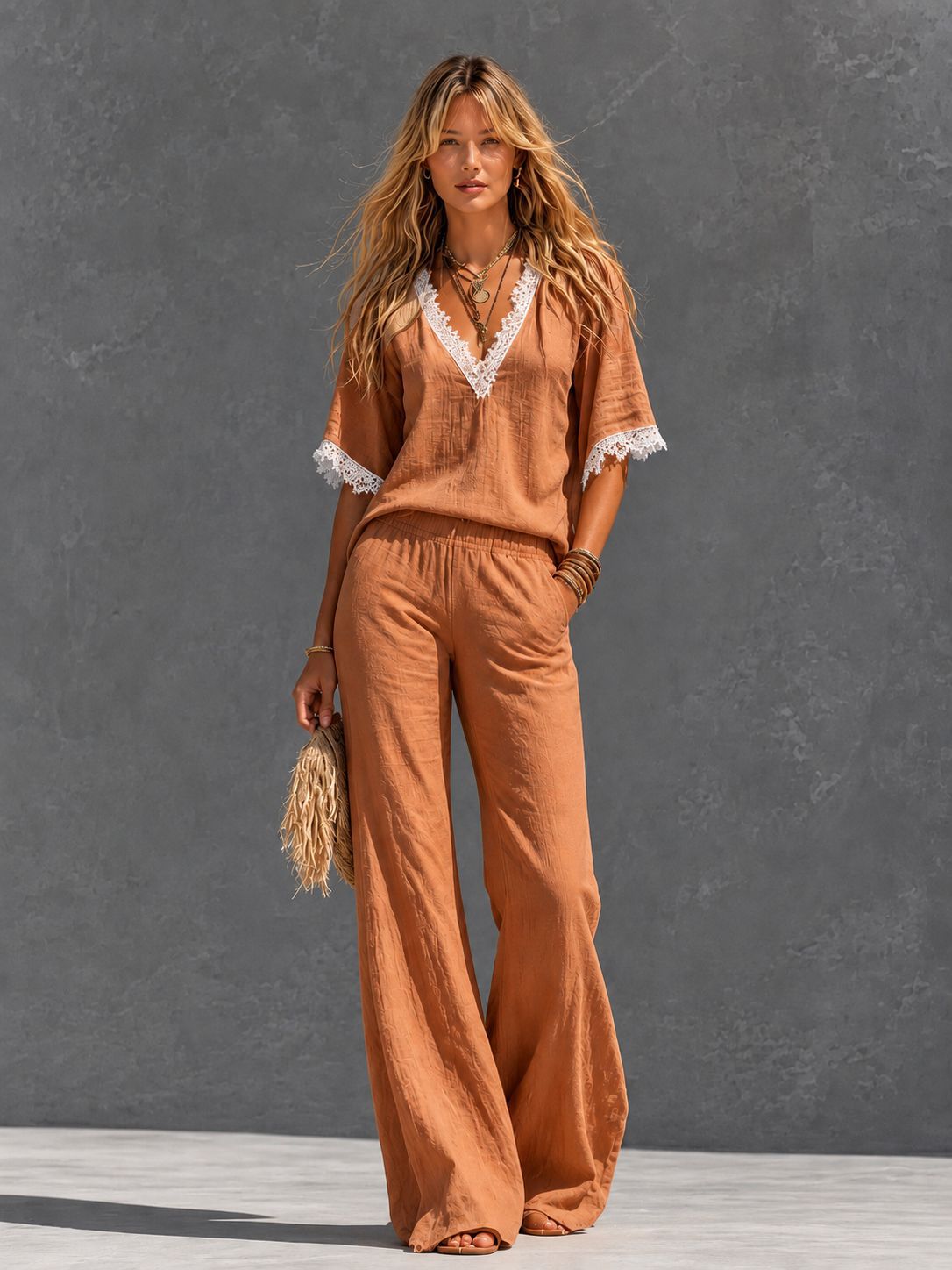 Women's Cotton-Linen Lace Two-Piece Set with Wide-Leg Pants Vacation Beach Outfit