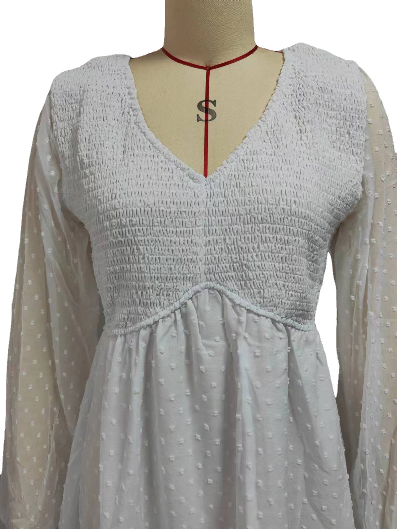 V-Neck Long Sleeve High Waist A-Line Jacquard Dress