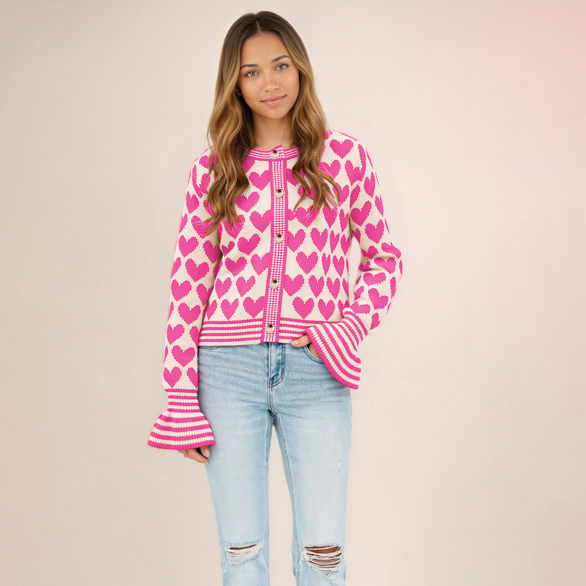 Heart Knit Cardigan Button-Up Flared Sleeve Sweater