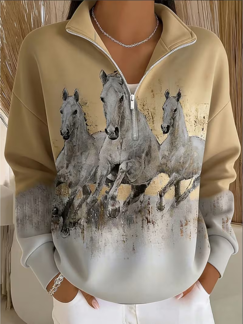 Galloping Horse Print Half-Zip Hoodie for Women