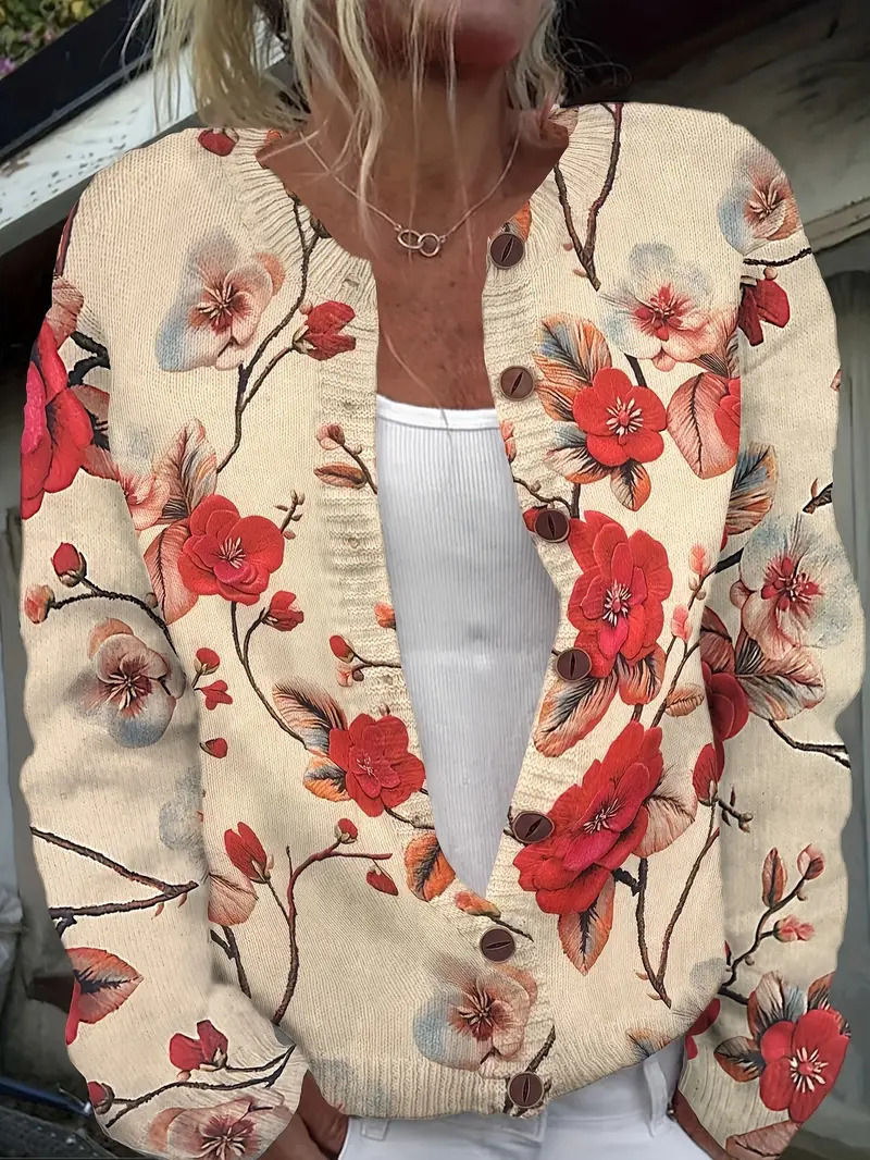 Women's Floral Print Long Sleeve Crew Neck Pullover Sweater