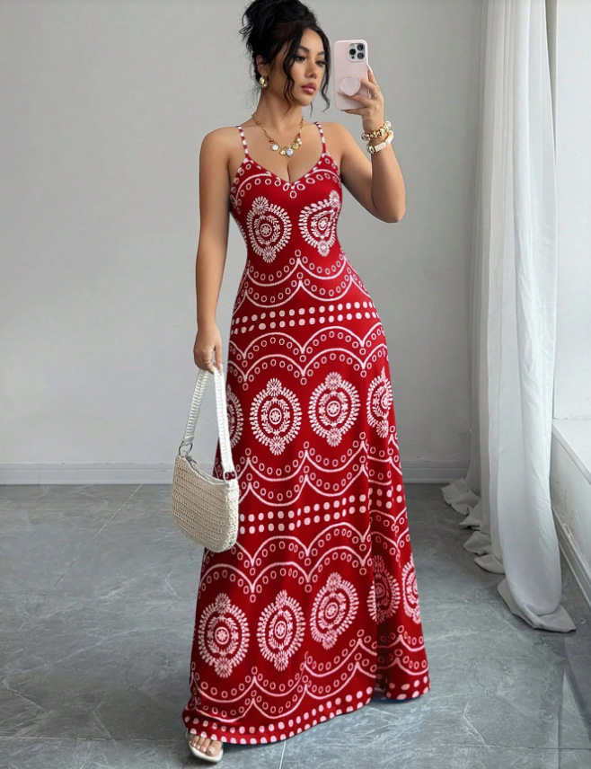 Women's Sleeveless V-Neck Printed Maxi Dress Slim Fit Summer