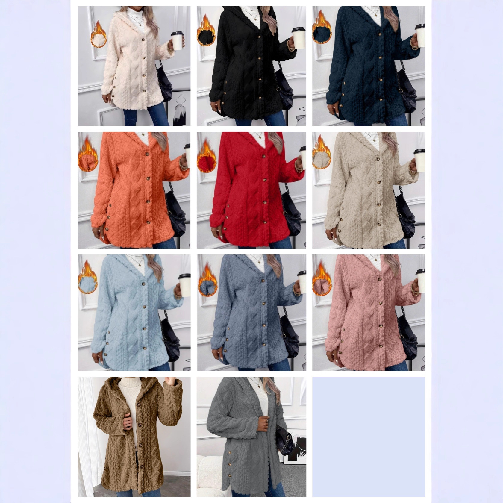 Women's Hooded Double-Fleece Cardigan Long-Sleeve Casual Warm Jacket