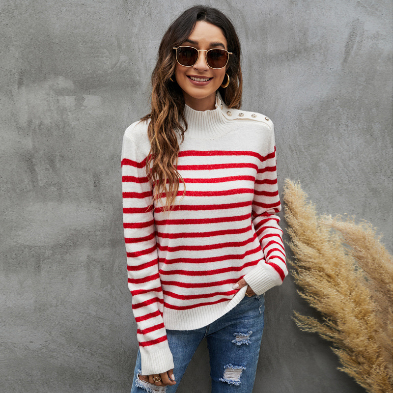 Striped Knit Sweater Loose Fit Long Sleeve Stand Collar Pullover