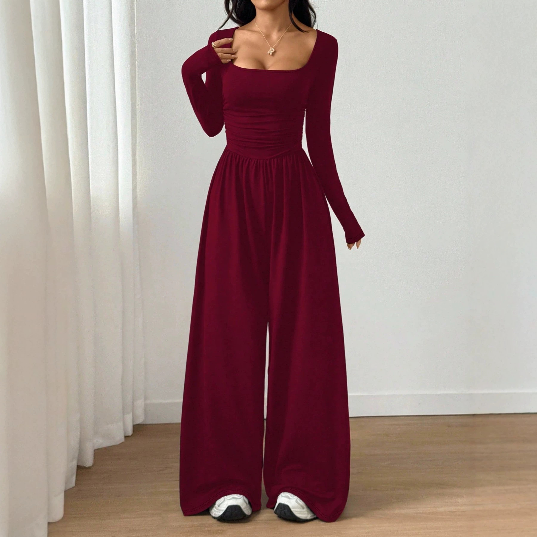 U-Neck Long-Sleeve Slimming Wide-Leg Jumpsuit