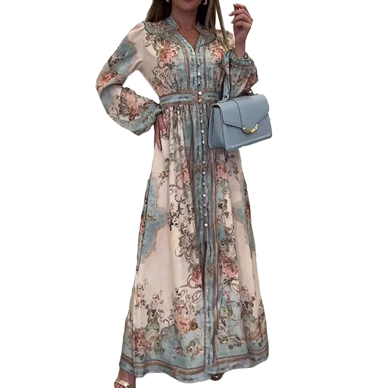 Women's Summer Vintage Print V-Neck Long Sleeve A-Line Maxi Dress