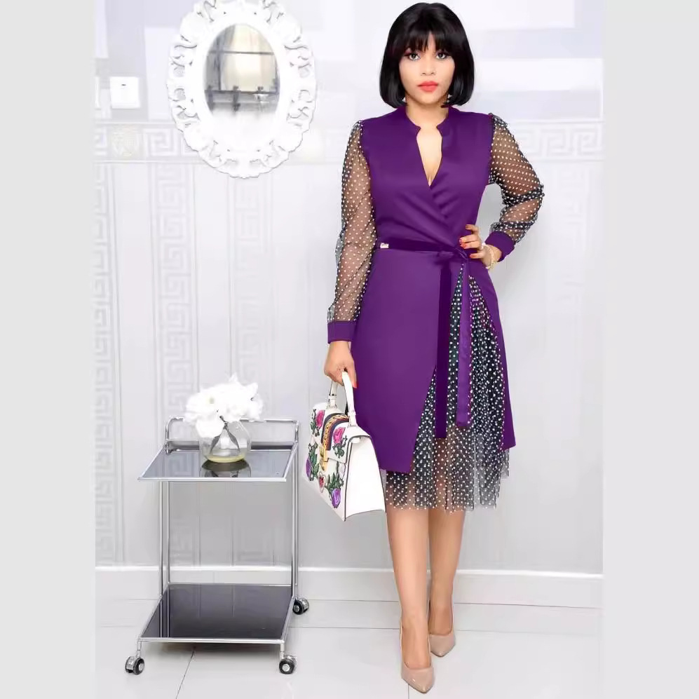 Women's V-Neck Polka Dot Mesh Panel Slit Dress