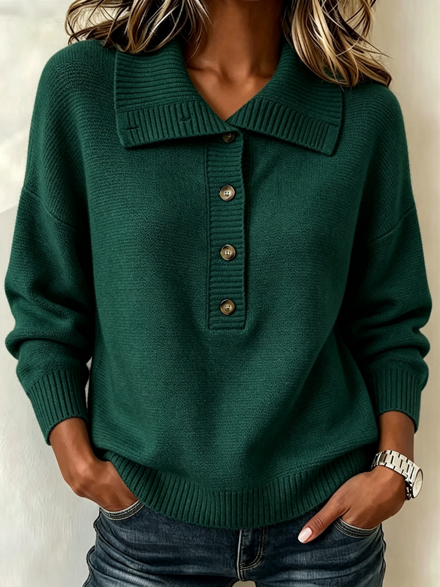 Retro Button Knit Sweater Solid Color Loose Casual Women's Top